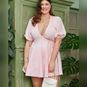 Women's Plunging Neck Puff Sleeve Wrap Belted Dress